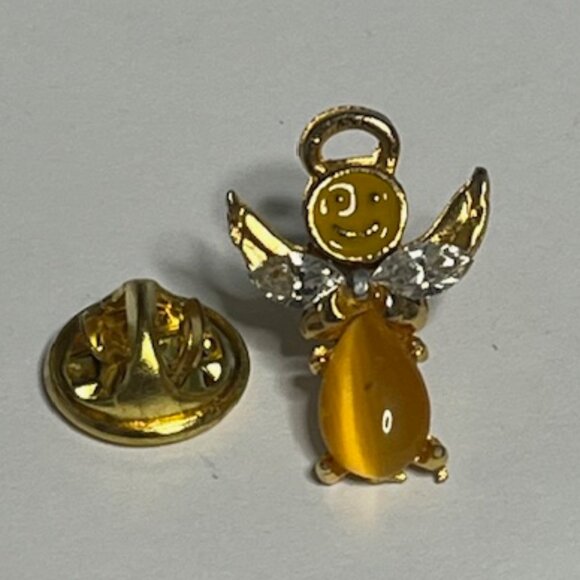 Angel of Happiness Gold Tone Rhinestone Wings Smiley Face Hat Vest Lapel Pin - Picture 10 of 14